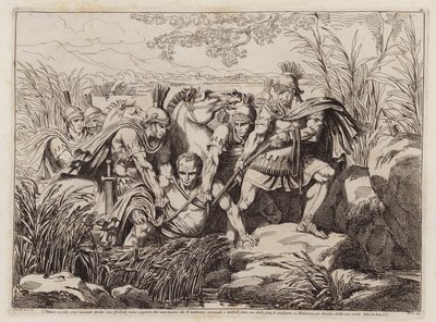 Gaius Marius Sullan sotilaiden vangitsemana piilossa suolla, 88 eaa. (etsaus) tekijältä Bartolomeo Pinelli