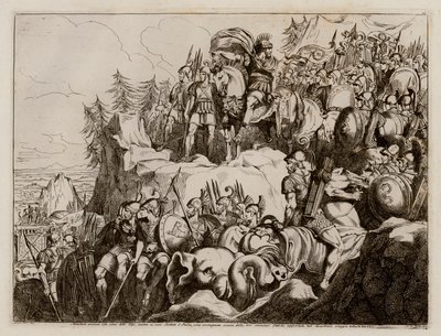 Hannibal ylittää Alpit Italiaan, 218 eaa. (etsaus) tekijältä Bartolomeo Pinelli