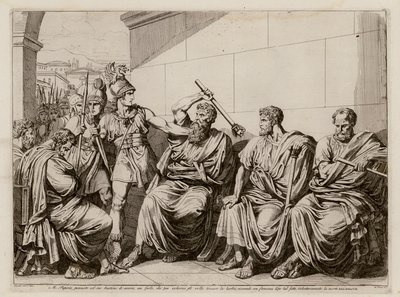 Marcus Papirius lyö gallialaista, joka yritti koskea hänen partaansa, 387 eaa. (etsaus) tekijältä Bartolomeo Pinelli