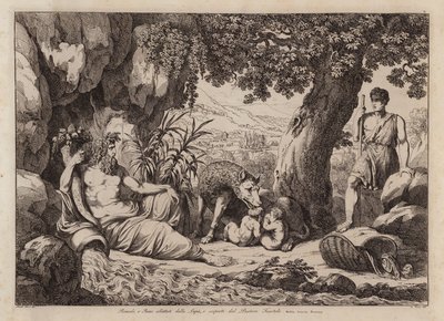 Romulus ja Remus suden imettäminä ja paimen Faustuluksen löytäminä (etsaus) tekijältä Bartolomeo Pinelli