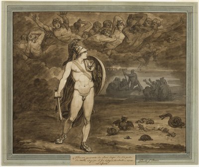 Telemachus, uskoen, että hänen isänsä, Ulysses, on kuollut, etsii häntä alamaailmasta, Telemachuksen seikkailuista, kirja 18 tekijältä Bartolomeo Pinelli