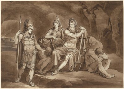 Telemachus pyytää Plutolta lupaa etsiä isäänsä alamaailmasta tekijältä Bartolomeo Pinelli