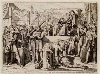 Titus Manlius Torquatus mestauttaa poikansa, joka oli jättänyt asemansa taistelussa (etsaus). tekijältä Bartolomeo Pinelli