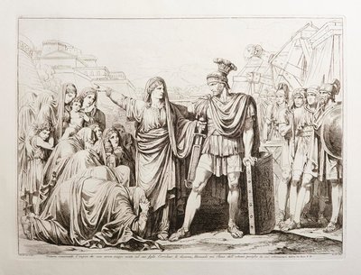 Veturia riisuu poikansa Coriolanuksen aseista ja pelastaa Rooman suuresta vaarasta tekijältä Bartolomeo Pinelli