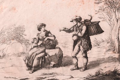 Nainen Pietra Terrazzanasta perinteisissä puvuissa, Abruzzo ja gioncataro (caciotte-juuston myyjä), Bartolomeo Pinellin (Rooma) etsaus tekijältä Bartolomeo Pinelli