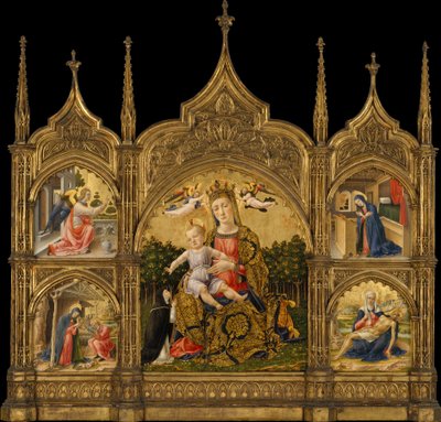 Nöyrä Madonna, Marian ilmestys, syntymäjumalanpalvelus ja Pietà, n.1465 (tempera ja kulta puulle). tekijältä Bartolomeo Vivarini