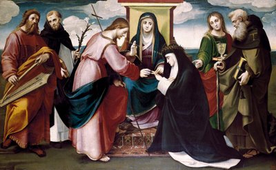 Pyhän Katariinan Sienan mystiset häät Kristuksen ja pyhien Johannes Kastajan, Antonio Abaten, Dominicin, kuningas Daavidin ja Neitsyt Marian kanssa, n. 1517 (öljy paneelissa) tekijältä Bartolomeo called Bagnacavallo Ramenghi