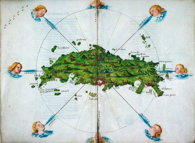 Isolario, säkeistöä, värillisiä piirroksia ja Välimeren itäosan kartta pergamentilla, noin 1480 (piirros pergamentilla). tekijältä Bartolomeo da li Sonetti