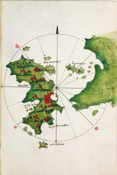 Khios ja ympäröivä mannermaa, noin 1485 (pergamentti). tekijältä Bartolomeo da li Sonetti