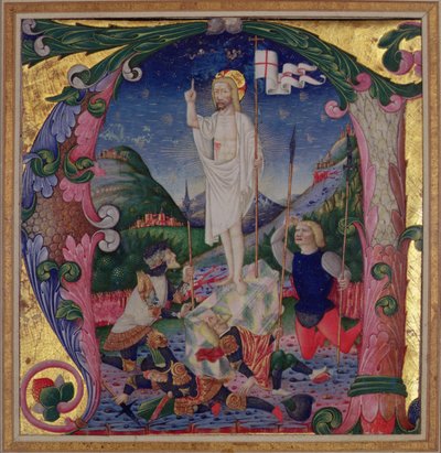 Historioitu alkukirjain A, joka kuvaa Kristuksen ylösnousemusta, Lombardian koulu tekijältä Bartolomeo de Rigossi da Gallarate attr. to Bartolomeo de Rigossi da Gallarate attr. to