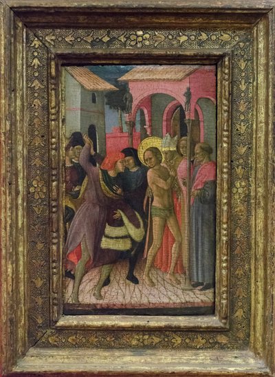 Pyhä Fransiskus riisuu vaatteensa ja luopuu isänsä Pietro di Bernardonen omaisuudesta. tekijältä Bartolomeo di Tommaso da Foligno