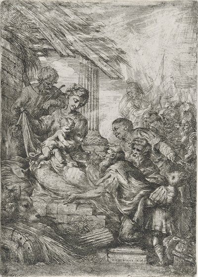 Kuninkaiden palvonta (Viisaiden miesten uhri), vuoden 1657 jälkeen (etsaus paperille) tekijältä Bartolommeo Biscaino