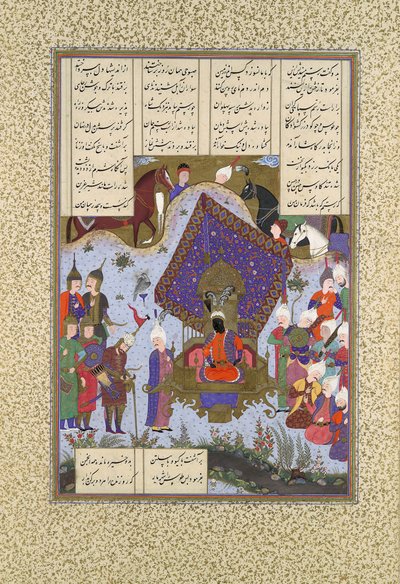 Rustam Paines Before Kai Kavus, Folio 146r Shahnama Book of Kingsistä..., n. 1525-30. tekijältä Bashdan Qara