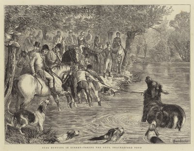 Hirvenmetsästys Surrey, ottaen peuran, Shackleford Pond tekijältä Basil Bradley