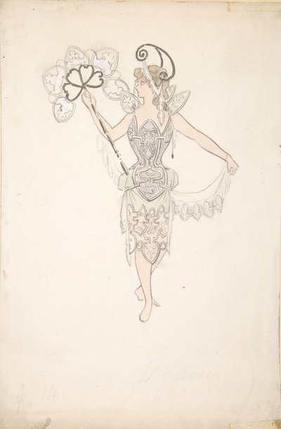 Pukusuunnittelu naiselle tuulettimen kanssa, 1890-99. tekijältä Basil Crage