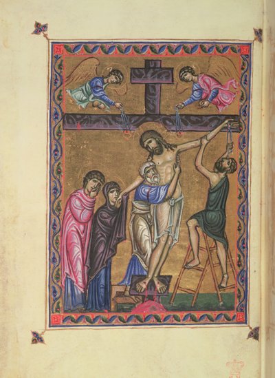 Laskeutuminen ristiltä, fol. 8b MS Egertonista 1139, kuningatar Melisenden psalteri, Jerusalem tekijältä Basilius Basilius