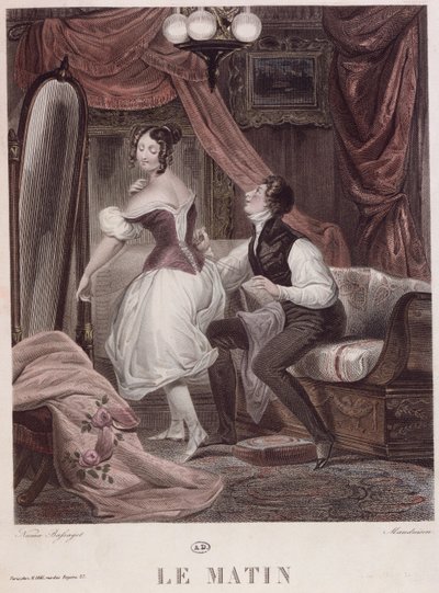 Morning, kaiverrus Leon Mauduison, kirjasta "Le Corset", pub. kirjoittanut Mirel, n. 1824-30 tekijältä Bassaget Numa