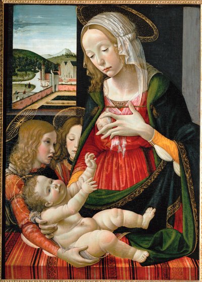 Madonna imettää Jeesus-lasta, enkelien ympäröimänä ... (maalaus puulle) tekijältä Bastiano Mainardi