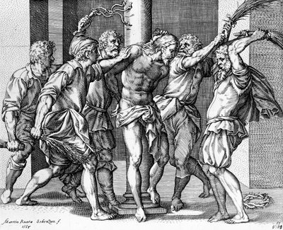 Kristuksen ruoskanleikkaus, kaiverrettu Martin Rotan toimesta tekijältä Battista (after) Franco