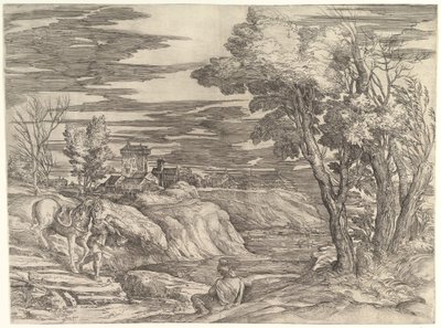 Maisema ratsumiehen ja sulhasen kanssa, n. 1552-61. tekijältä Battista Franco Veneziano
