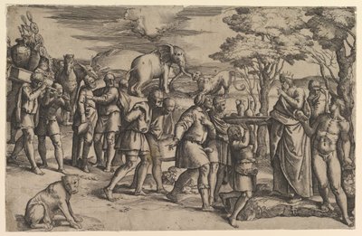 Melkisedek tarjoaa leipää ja viiniä Abrahamille, n. 1547. tekijältä Battista Franco Veneziano