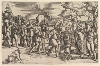 Melkisedek tarjoaa leipää ja viiniä Abrahamille, n. 1547. tekijältä Battista Franco Veneziano
