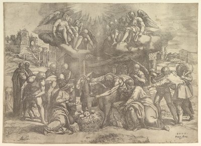 Paimenten palvonta enkelien yläpuolella, n. 1530-61. tekijältä Battista Franco Veneziano