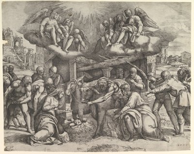 Paimenten palvonta enkelien yläpuolella, n. 1530-61. tekijältä Battista Franco Veneziano