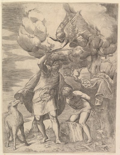 Enkeli pysyy Abrahamin käsivarressa, vuoden 1552 jälkeen. tekijältä Battista Franco Veneziano