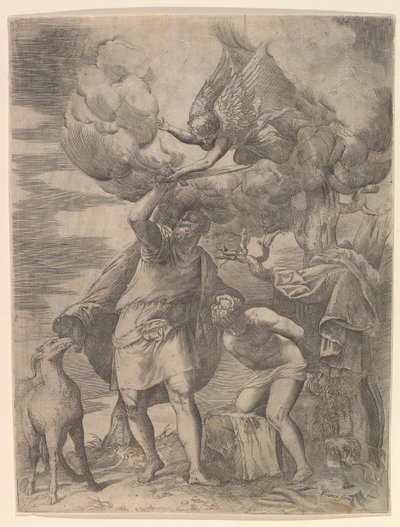 Enkeli pysyy Abrahamin käsivarressa, vuoden 1552 jälkeen. tekijältä Battista Franco Veneziano