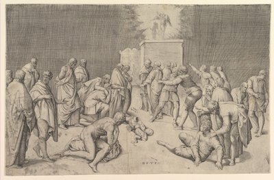 Filistealaiset asettavat liitonarkin Dagonin temppeliin, n. 1540. tekijältä Battista Franco Veneziano