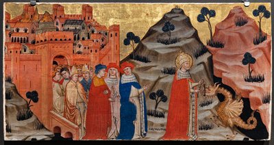Paavi St. Sylvester kukistaa tarpeilaisen rockin lohikäärmeen (tempera paneelissa) tekijältä Battista da Vicenza