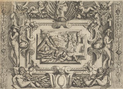 Judith ja palvelijattare Holofernesin pään kanssa, sijoittuu yksityiskohtaisiin kehyksiin, noin 1540-80. tekijältä Battista del Moro