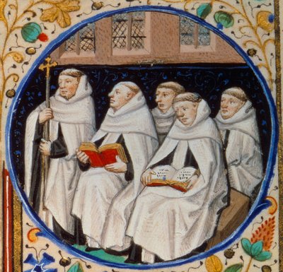 Kohtaus luostarielämästä. Yksityiskohta Carmen-veljeskunnan munkkeista. Miniatyyri otettu "" Tuntikirjasta Pariisin käytön mukaan"" Bedfordin mestarin työpajan valaisemasta. 1450. Paris, B.N. tekijältä Bedford Master Workshop