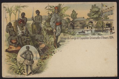 Kongolainen kylä esillä Exposition Internationale d"Anversissa, Antwerpenissä, Belgiassa, 1894 tekijältä Belgian School
