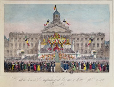 Kunnialippujen jako Brysselissä 27. syyskuuta 1832, 1832 (värikaiverrus) tekijältä Belgian School