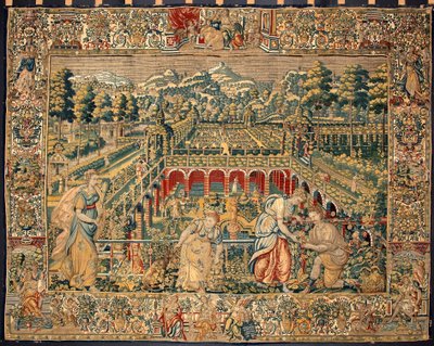Hedelmien sadonkorjuu. Gobeliini Brysselin tehtaista. 1500-luvun Genes, Musei di Strada Nuova. tekijältä Belgian School