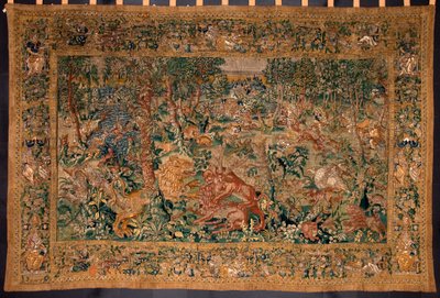Metsästyskohtaus Gobeliini, joka on valmistettu Brysselin manufaktuurissa. 1500-luku Genes, Musei di Strada Nuova. tekijältä Belgian School