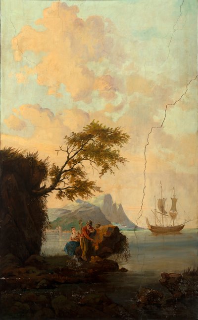 Takana toinen takahuone, kokoushuone, seinämaalauksia maalaiskohtauksilla klassiseen tyyliin, luultavasti vuodelta 1810, kohtaus 5 tekijältä Belgian School