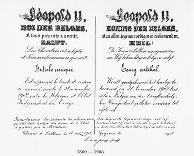 Kuningas Leopold II:n (1835-1909) allekirjoitus Kongon liittämisestä Belgiaan, 1908 tekijältä Belgian School