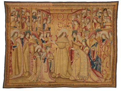 Kuvakudos, Jonathan Maccabeus vastaanottamassa purppuraa kaapua, valmistettu Brysselissä, Belgiassa, noin 1490-1500 (villa & silkki) tekijältä Belgian School