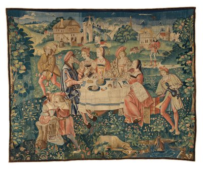 Tapa, joka kuvaa juhlia ulkoilmassa tai ulkoilma-ateriaa rakkauden puutarhassa, Tournaista, n. 1510 (villaa ja silkkiä) tekijältä Belgian School