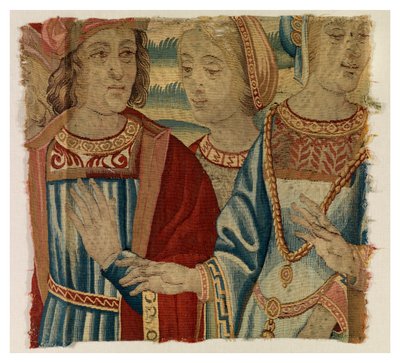 Miestä ja kahta naista kuvaava kuvakudos, mahdollisesti Brysselissä, Belgiassa, 1500-luvun alussa (villa & silkki) tekijältä Belgian School
