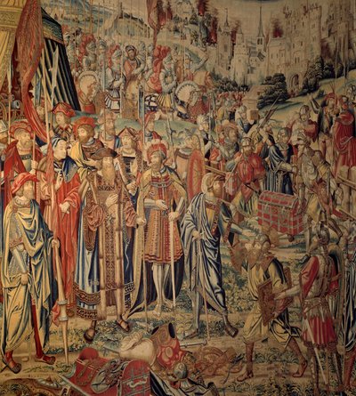 Daavidin ja Betsabeen kuvakudos: Joabin käsivarret. Brysselin työpajoissa tehty kuvakudos Jan Van Roomen piirustukseen. 1500-luvun Ecouenin renessanssimuseo tekijältä Belgian School