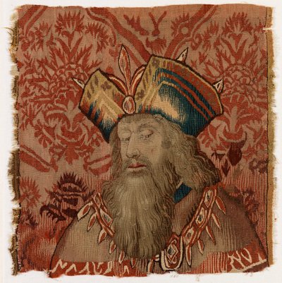 Tapettipaneeli, joka kuvaa papin tai kuninkaan päätä, tehty mahdollisesti Tournaissa, Belgiassa, mahdollisesti 1500-luvun alussa (villa) tekijältä Belgian School