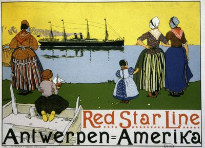 Atlantin ylittävä linjaliikenne Antwerpen/Amerikka. Red Star Line -yhtiön mainos, noin 1900 (vedos). tekijältä Belgian School