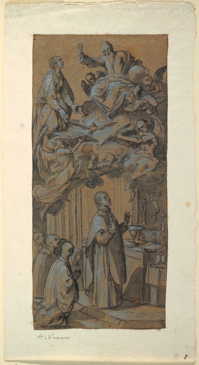 Piirros, näky messun aikana, n. 1630. tekijältä Belisario Corenzio