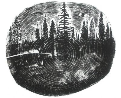 Kaksi metsää, 2016 (puukaiverrus paperille) tekijältä Bella Larsson