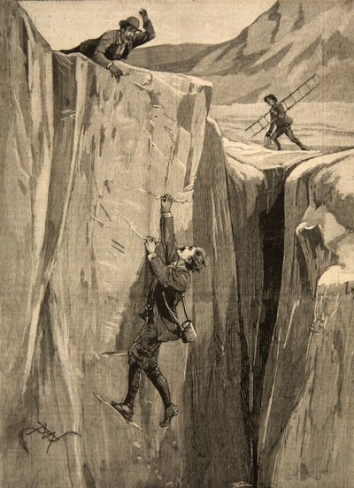 Matkailija roikkuu railossa Alpeilla, Le Petit Parisien -lehdestä, 23. elokuuta 1891. tekijältä Beltrand and Clair Guyot, E. Dete