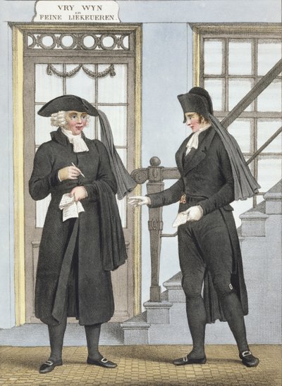 Amsterdamin hautajaisvirkailijat, kuvitus "Alankomaiden kuningaskunnan pohjoisten provinssien pukukokoelmista...", kaiverrettu Villeneuve, 1828 tekijältä Bendrik Greeven